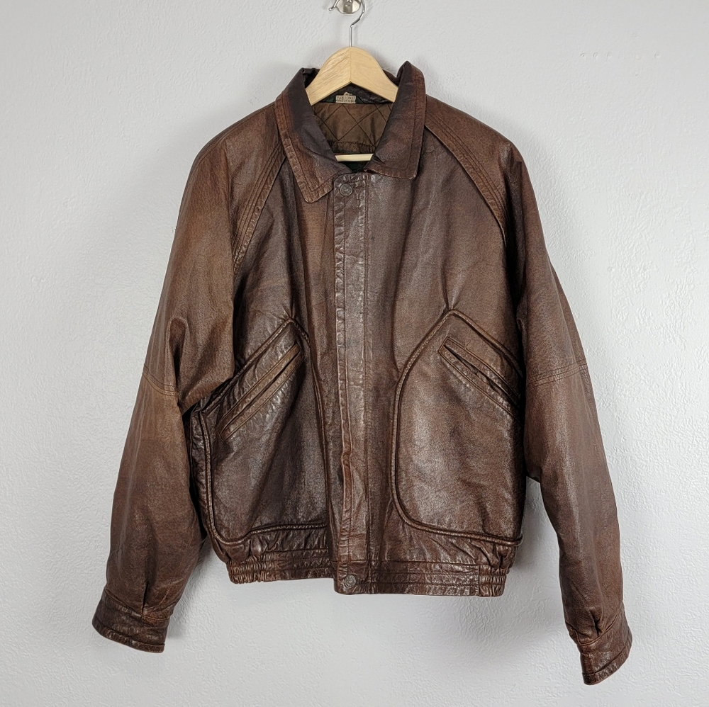 Vintage Field & Stream Leather Bomber Jacket Brown Size Lg